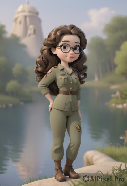 1girl,solo,long hair,looking at viewer,smile,blue eyes,brown hair,shirt,long sleeves,closed mouth,standing,jacket,full body,boots,outdoors,sky,glasses,day,belt,pants,artist name,cloud,signature,water,blurry,uniform,black eyes,tree,blue sky,lips,hand on hip,military,military uniform,buttons,depth of field,blurry background,brown footwear,thick eyebrows,grass,black-framed eyewear,curly hair,pocket,rock,green jacket,round eyewear,green shirt,brown belt,breast pocket,badge,river,castle,green pants,breasts,black hair,small breasts,shoes,wavy hair,forehead,emblem,ankle boots,lake,medal,parted hair