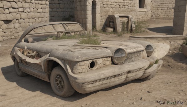 outdoors,no humans,shadow,grass,plant,ground vehicle,scenery,motor vehicle,car,road,brick wall,vehicle focus,wheel,sports car,tire,ruins