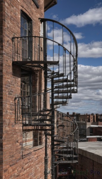 outdoors,sky,day,cloud,blue sky,no humans,window,cloudy sky,building,scenery,stairs,city,railing,cityscape,brick wall,door,road,lamppost