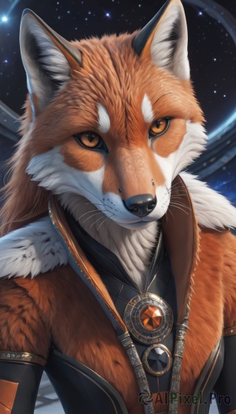 solo,looking at viewer,1boy,animal ears,brown eyes,jewelry,closed mouth,upper body,male focus,sky,artist name,necklace,orange eyes,fur trim,fox ears,no humans,animal,watermark,gem,star (sky),web address,furry,pendant,zipper,starry sky,space,furry male,body fur,animal focus,white fur,animal nose,fox,whiskers,brown fur,orange fur,jacket,star (symbol),realistic,planet