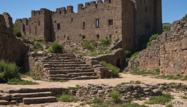 outdoors,sky,day,tree,blue sky,no humans,grass,building,scenery,rock,stairs,ruins,moss,plant,bush,path,arch,stone,stone stairs