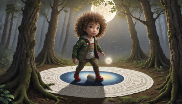 1girl,solo,brown hair,shirt,1boy,brown eyes,standing,jacket,white shirt,male focus,boots,outdoors,open clothes,pants,artist name,dark skin,hood,water,open jacket,tree,lips,night,glowing,leaf,watermark,moon,grass,red footwear,child,nature,web address,full moon,forest,rain,curly hair,green jacket,realistic,magic circle,orb,afro,faux figurine,hoodie,magic,male child,energy ball