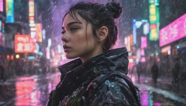 An iconic female framed by a bold rainy outdoors