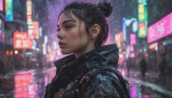 1girl, solo, blue eyes, black hair, jacket, upper body, outdoors, hair bun, blurry, lips, night, blurry background, single hair bun, rain, realistic, nose, neon lights