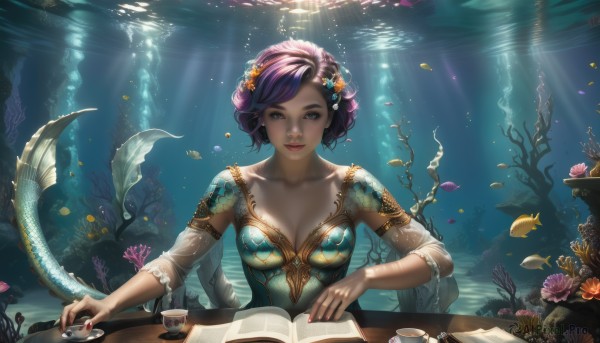 1girl,solo,breasts,looking at viewer,smile,short hair,bangs,hair ornament,dress,cleavage,brown eyes,medium breasts,sitting,purple eyes,collarbone,upper body,purple hair,flower,parted lips,teeth,artist name,signature,hair flower,water,nail polish,mole,cup,lips,fingernails,see-through,book,makeup,watermark,table,sunlight,lipstick,monster girl,red nails,web address,fish,long fingernails,bubble,teacup,light rays,underwater,open book,realistic,nose,red lips,scales,air bubble,mermaid,sunbeam,saucer,coral,seaweed,blue eyes,tail,detached sleeves,ocean,curly hair,head fins,fins