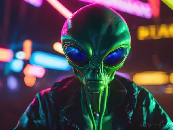 solo,looking at viewer,blue eyes,1boy,closed mouth,jacket,upper body,male focus,open clothes,shiny,blurry,black jacket,mask,depth of field,blurry background,colored skin,portrait,science fiction,green skin,leather,alien,leather jacket,neon lights,bodysuit,helmet