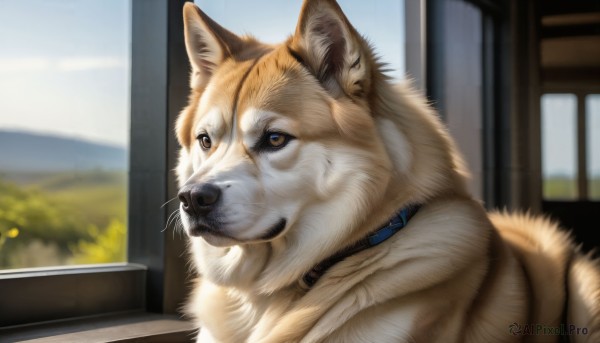 HQ,solo,closed mouth,sky,day,indoors,blurry,collar,no humans,window,depth of field,blurry background,animal,cat,dog,realistic,animal focus,whiskers,shiba inu,brown eyes,close-up