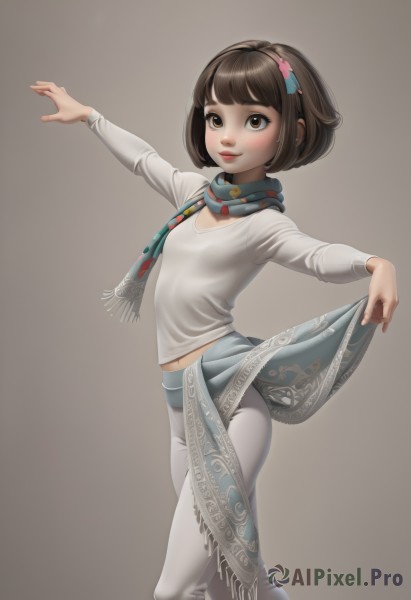 1girl,solo,breasts,looking at viewer,blush,smile,short hair,bangs,skirt,simple background,brown hair,shirt,hair ornament,long sleeves,navel,brown eyes,closed mouth,standing,white shirt,hairband,small breasts,pants,blunt bangs,grey background,clothes lift,scarf,flat chest,lips,feet out of frame,skirt lift,bob cut,outstretched arms,outstretched arm,brown background,white pants,nose,midriff,gradient background,midriff peek