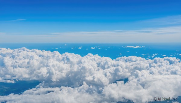 monochrome,outdoors,sky,day,cloud,water,blue sky,no humans,bird,ocean,cloudy sky,scenery,blue theme,horizon,above clouds