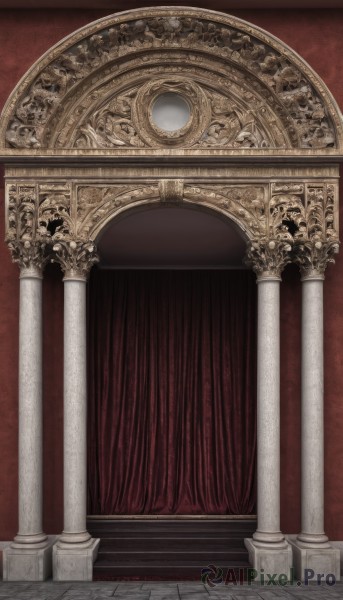 indoors,no humans,window,scenery,stairs,door,pillar,arch,column,architecture,red theme,statue,gate