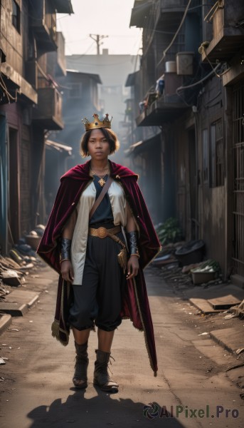 1girl,solo,looking at viewer,short hair,brown hair,black hair,jewelry,standing,full body,weapon,boots,outdoors,day,belt,pants,necklace,cape,bracelet,lips,sandals,crown,plant,building,walking,city,realistic,arms at sides,red cape,road,street,alley,barefoot,umbrella,bracer