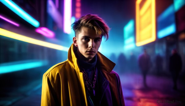 HQ,solo,looking at viewer,short hair,blue eyes,blonde hair,brown hair,1boy,jewelry,closed mouth,jacket,upper body,male focus,multicolored hair,earrings,outdoors,solo focus,necklace,blurry,night,blurry background,turtleneck,facial hair,city,realistic,yellow jacket,undercut,crowd,mohawk,cyberpunk,neon lights,shirt,open clothes,black shirt,depth of field,brown jacket,animification