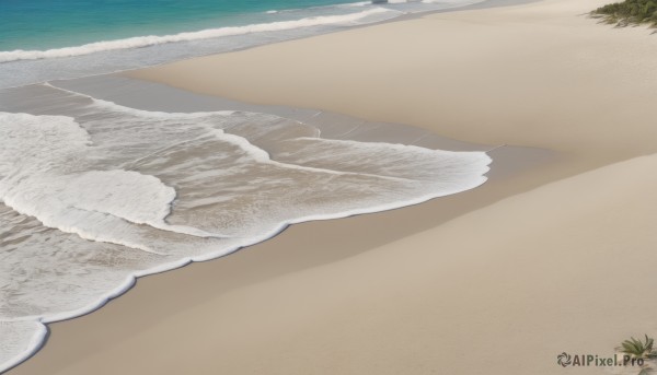 outdoors,sky,day,water,tree,no humans,shadow,ocean,beach,scenery,sand,horizon,waves,shore,footprints,simple background,still life