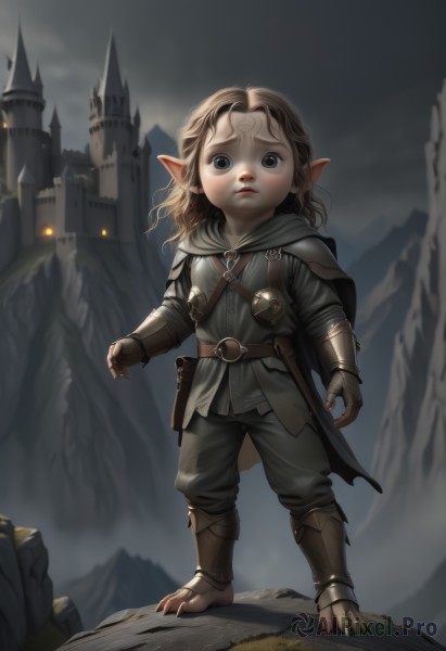 1girl,solo,long hair,looking at viewer,blue eyes,brown hair,gloves,1boy,standing,full body,weapon,outdoors,sky,barefoot,pointy ears,belt,pants,hood,armor,grey eyes,capelet,knife,gauntlets,building,sheath,child,claws,pouch,mountain,fantasy,female child,dagger,male child,castle,open mouth,blonde hair,teeth,sword,cape