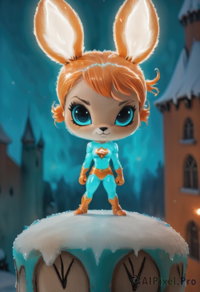 1girl,solo,breasts,looking at viewer,smile,short hair,blue eyes,gloves,animal ears,standing,full body,boots,outdoors,sky,belt,artist name,chibi,star (symbol),orange hair,rabbit ears,blurry,bodysuit,:3,night,night sky,furry,clenched hands,rabbit girl,furry female,blue bodysuit,yordle,closed mouth,cosplay,building,star (sky),snow,rabbit,animal nose,superhero