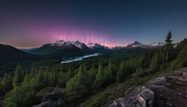 outdoors,sky,water,tree,no humans,night,grass,star (sky),nature,night sky,scenery,forest,starry sky,rock,mountain,river,landscape,mountainous horizon,lake,cliff,aurora