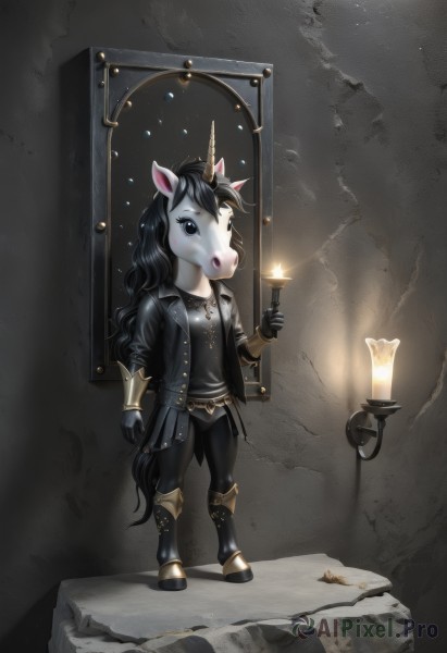 1girl,solo,long hair,black hair,gloves,animal ears,jewelry,standing,jacket,tail,full body,boots,horns,black gloves,necklace,black jacket,horse ears,furry,single horn,door,candle,leather,torch,hooves,looking at viewer,open mouth,blue eyes,holding,pants,black footwear,black eyes,open jacket,black pants,fire,furry female,horse,leather gloves,unicorn