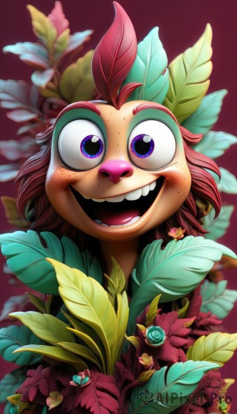 solo,looking at viewer,smile,open mouth,blue eyes,1boy,flower,male focus,red hair,teeth,artist name,blurry,gradient,gradient background,no humans,leaf,happy,plant,red background,furry,freckles,buck teeth,1girl,:d,watermark