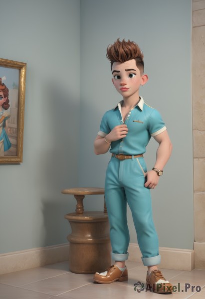 1girl,solo,looking at viewer,blush,smile,short hair,brown hair,shirt,1boy,brown eyes,closed mouth,standing,full body,short sleeves,male focus,shoes,collared shirt,belt,pants,artist name,indoors,lips,shadow,brown footwear,blue shirt,child,freckles,pocket,watch,mirror,tiles,female child,wristwatch,male child,jewelry,table,denim,zipper,hand in pocket,jeans,reference inset