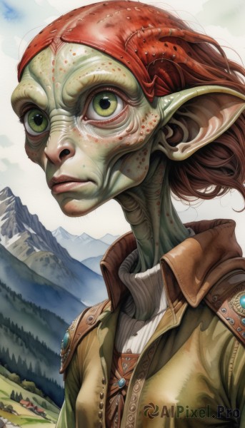 1girl,solo,short hair,brown hair,green eyes,jacket,upper body,red hair,outdoors,pointy ears,lips,colored skin,nature,freckles,mountain,fantasy,green skin,goblin,looking at viewer,closed mouth,sky,cloud,realistic,alien