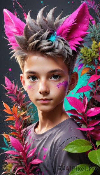 solo,looking at viewer,smile,short hair,shirt,hair ornament,1boy,animal ears,brown eyes,closed mouth,green eyes,upper body,flower,grey hair,male focus,artist name,signature,lips,gradient,leaf,watermark,facial mark,plant,spiked hair,t-shirt,web address,grey shirt,freckles,realistic,nose,facepaint,paint splatter,black hair,feathers,male child,dirty,paint