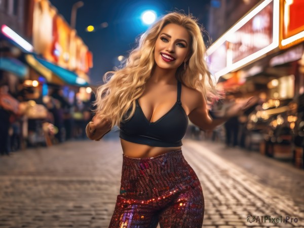 1girl,solo,long hair,breasts,looking at viewer,smile,open mouth,blonde hair,large breasts,cleavage,brown eyes,teeth,solo focus,midriff,pants,dark skin,blurry,dark-skinned female,lips,crop top,makeup,night,blurry background,tank top,lipstick,realistic,red lips,very dark skin,outdoors,sports bra,city,road,street