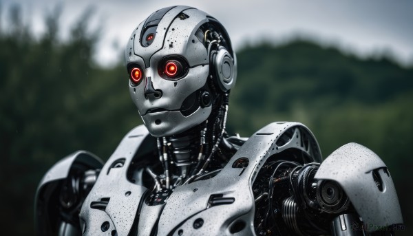 solo,red eyes,1boy,upper body,male focus,outdoors,blurry,no humans,blurry background,robot,nature,mecha,1other,forest,science fiction,realistic,android,robot joints,humanoid robot,tree,orange eyes,depth of field,glowing,portrait,glowing eyes,close-up,machinery,mechanical parts