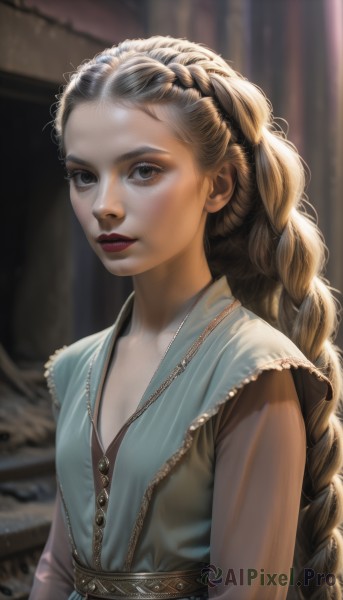 1girl,solo,long hair,breasts,looking at viewer,smile,blonde hair,brown hair,dress,brown eyes,very long hair,upper body,braid,parted lips,sleeveless,blurry,black eyes,flat chest,lips,grey eyes,single braid,makeup,blurry background,blue dress,lipstick,forehead,freckles,curly hair,realistic,nose,red lips,long sleeves,jewelry,small breasts,artist name,necklace,watermark,sunlight