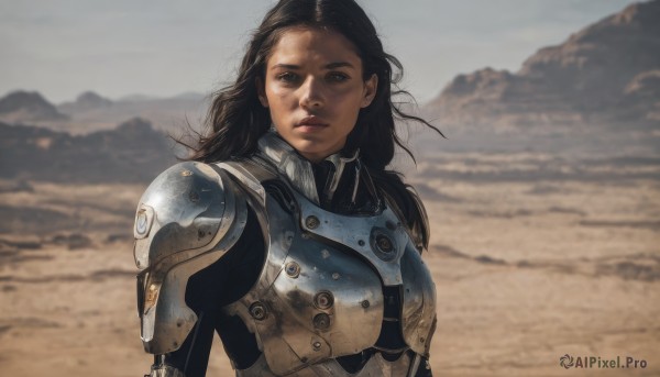 1girl,solo,long hair,looking at viewer,brown hair,black hair,brown eyes,closed mouth,upper body,outdoors,sky,day,dark skin,armor,blurry,black eyes,dark-skinned female,lips,bodysuit,blurry background,shoulder armor,science fiction,pauldrons,breastplate,realistic,power armor,desert,serious