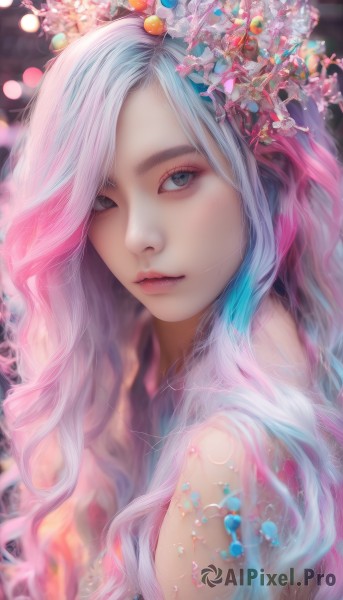 1girl,solo,long hair,looking at viewer,blue eyes,hair ornament,bare shoulders,closed mouth,blue hair,upper body,pink hair,flower,white hair,multicolored hair,artist name,hair flower,blurry,from side,two-tone hair,lips,grey eyes,eyelashes,makeup,depth of field,watermark,wavy hair,web address,eyeshadow,pink lips,realistic,nose,mascara,gradient hair,portrait,bokeh