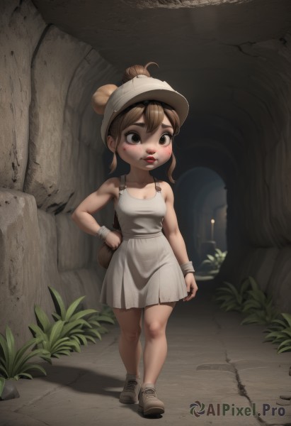 1girl,solo,breasts,blush,brown hair,hat,dress,bare shoulders,brown eyes,standing,full body,outdoors,shoes,teeth,bag,hair bun,white dress,hand on hip,short dress,single hair bun,thick eyebrows,aged down,wristband,sneakers,child,walking,female child,dirty,cleavage,medium breasts,ponytail,small breasts,lips,freckles,dirty face,dirty clothes