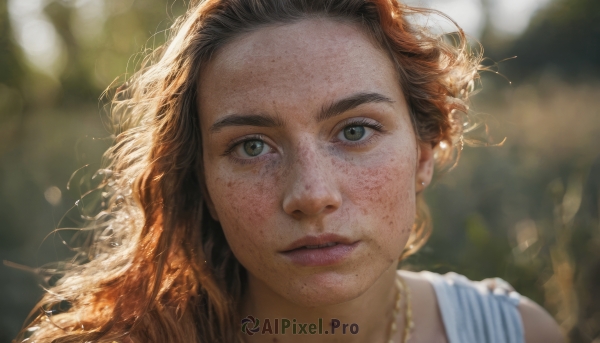 1girl,solo,long hair,looking at viewer,brown hair,brown eyes,jewelry,green eyes,earrings,outdoors,parted lips,necklace,mole,blurry,lips,depth of field,blurry background,messy hair,portrait,mole under mouth,close-up,freckles,realistic,nose,mole on cheek,hair ornament,teeth,eyelashes,sunlight,wind,backlighting,dirty,bokeh