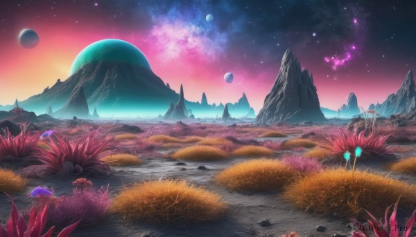 A landscape portrayed in a vivid sunset outdoors