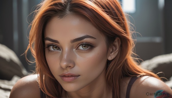 1girl,solo,long hair,looking at viewer,brown hair,bare shoulders,brown eyes,closed mouth,orange hair,blurry,lips,eyelashes,tattoo,blurry background,thick eyebrows,tank top,portrait,close-up,forehead,freckles,realistic,nose,shoulder tattoo,thick lips,green eyes,red hair,artist name,mole,mole under eye,depth of field,messy hair