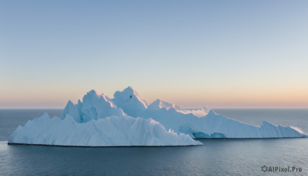 outdoors,sky,day,water,blurry,blue sky,no humans,ocean,scenery,snow,sunset,ice,mountain,horizon,landscape,mountainous horizon,lake,gradient sky,sunrise,cloud,sun