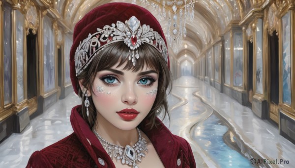 1girl,solo,looking at viewer,short hair,bangs,blue eyes,brown hair,black hair,hat,jewelry,jacket,earrings,indoors,water,necklace,lips,eyelashes,makeup,lipstick,gem,portrait,red headwear,red jacket,snow,reflection,stairs,realistic,red lips,red coat,closed mouth,coat,tiara