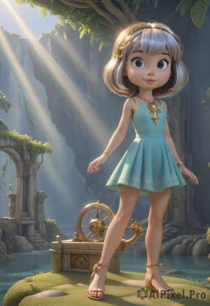 1girl,solo,looking at viewer,smile,short hair,bangs,dress,bare shoulders,brown eyes,jewelry,closed mouth,standing,full body,grey hair,outdoors,sleeveless,day,artist name,water,necklace,black eyes,flat chest,bracelet,tree,lips,bare arms,toes,sleeveless dress,blue dress,brown footwear,short dress,sandals,sunlight,child,pendant,backlighting,light rays,rock,anklet,arms at sides,female child,sunbeam,ruins,pillar,brown hair,leaf,watermark,grass,web address,dappled sunlight,gears,aqua dress