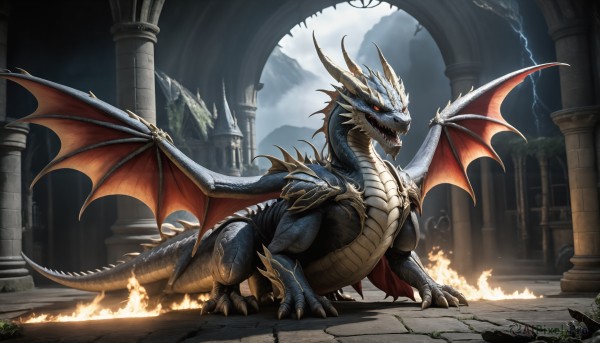 A monster portrayed in a inviting fiery outdoors