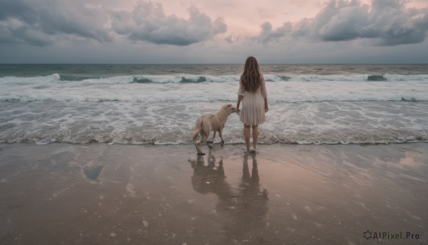 1girl, solo, long hair, brown hair, dress, standing, short sleeves, outdoors, sky, cloud, water, from behind, white dress, ocean, beach, scenery, reflection, dog, horizon, wide shot, waves