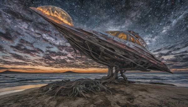 outdoors,sky,cloud,signature,water,no humans,night,ocean,beach,cloudy sky,star (sky),night sky,scenery,starry sky,science fiction,sand,horizon,space,planet,spacecraft,tree,snow,sunset,realistic