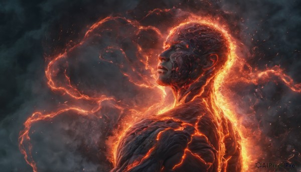 A male in a breathtaking fiery dynamic scene