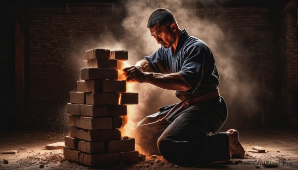 solo,short hair,black hair,1boy,full body,male focus,japanese clothes,barefoot,dark skin,kimono,kneeling,facial hair,beard,smoke,manly,dougi,dust,fireplace,closed mouth,weapon,from side,muscular,fire,rock,realistic,very short hair,embers,buzz cut,martial arts belt