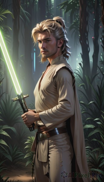 solo,looking at viewer,blonde hair,brown hair,shirt,long sleeves,1boy,holding,brown eyes,closed mouth,standing,white shirt,weapon,male focus,cowboy shot,outdoors,belt,pants,sword,artist name,signature,medium hair,cape,holding weapon,from side,tree,glowing,facial hair,holding sword,grass,plant,nature,beard,forest,short ponytail,realistic,mustache,glowing weapon,energy sword,tunic,glowing sword,lightsaber,ponytail,lips,scar,scar on face,science fiction,scar across eye,animification