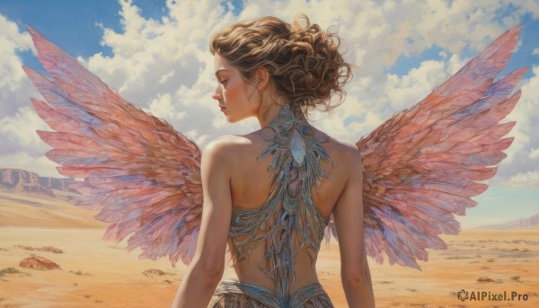 1girl,solo,short hair,brown hair,bare shoulders,closed mouth,closed eyes,upper body,outdoors,wings,sky,day,cloud,from behind,blue sky,lips,profile,makeup,back,wavy hair,cloudy sky,feathered wings,curly hair,sand,arms at sides,red lips,desert,pink wings,looking away,realistic