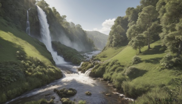 outdoors,sky,day,cloud,water,tree,blue sky,no humans,grass,nature,scenery,forest,rock,mountain,river,waterfall,landscape,cliff,stream,sunlight