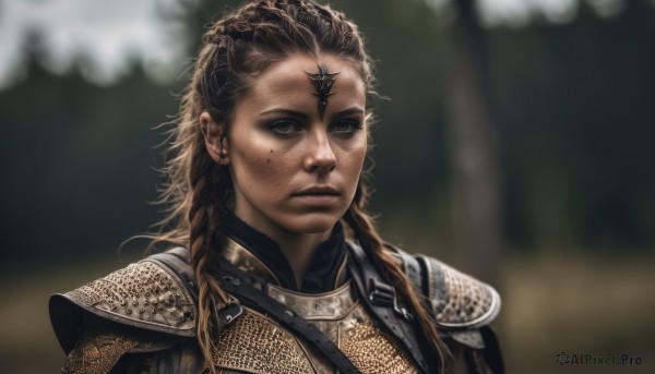 1girl,solo,long hair,looking at viewer,brown hair,brown eyes,closed mouth,upper body,braid,armor,mole,blurry,lips,grey eyes,mole under eye,blurry background,expressionless,shoulder armor,portrait,freckles,pauldrons,breastplate,realistic,nose,chainmail,plate armor,blonde hair