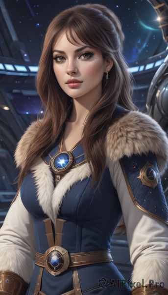 1girl,solo,long hair,breasts,looking at viewer,brown hair,gloves,long sleeves,brown eyes,jewelry,medium breasts,upper body,weapon,earrings,parted lips,sky,belt,hair bun,lips,coat,fur trim,eyelashes,makeup,night,lipstick,gem,star (sky),nose,red lips,bangs,artist name,necklace,parted bangs,realistic,thick lips