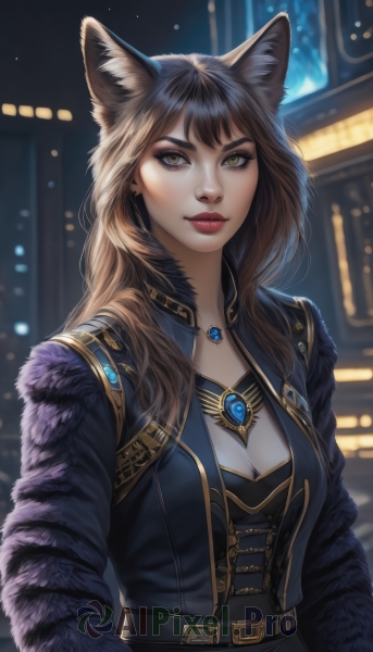 1girl,solo,long hair,breasts,looking at viewer,bangs,brown hair,black hair,long sleeves,animal ears,cleavage,brown eyes,jewelry,medium breasts,closed mouth,jacket,yellow eyes,upper body,belt,artist name,cat ears,necklace,blurry,lips,coat,animal ear fluff,fur trim,fox ears,makeup,night,blurry background,lipstick,brooch,gem,pendant,eyeshadow,nose,red lips,outdoors,open clothes,city,realistic,mascara