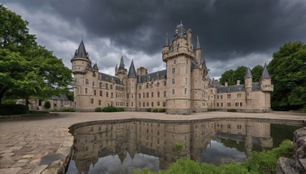 outdoors,sky,day,cloud,water,tree,no humans,cloudy sky,grass,building,nature,scenery,forest,reflection,fantasy,architecture,bridge,river,castle,tower,blue sky,road,bush,wall,path,arch,stone wall