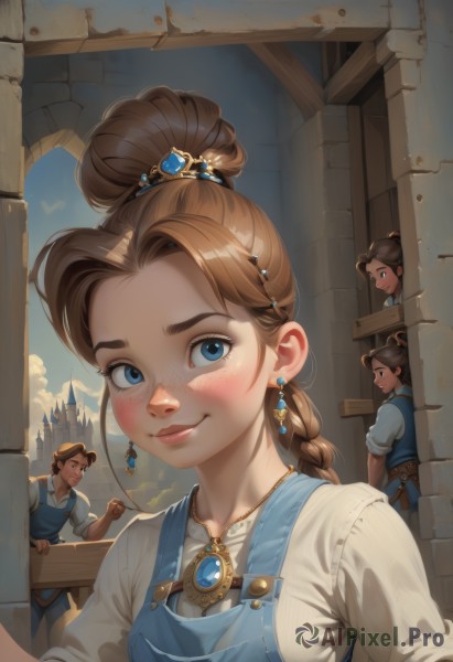 long hair,breasts,looking at viewer,blush,smile,short hair,blue eyes,multiple girls,brown hair,shirt,hair ornament,1boy,2girls,jewelry,closed mouth,white shirt,upper body,braid,short sleeves,earrings,outdoors,sky,solo focus,day,belt,artist name,cloud,3girls,necklace,hair bun,looking at another,apron,blue sky,lips,looking to the side,eyelashes,single braid,siblings,single hair bun,sisters,brooch,building,gem,child,pendant,sleeves rolled up,freckles,brother and sister,nose,overalls,mother and daughter,family,mother and son,blue gemstone,bangs,multiple boys,parted bangs,aged down,realistic,castle